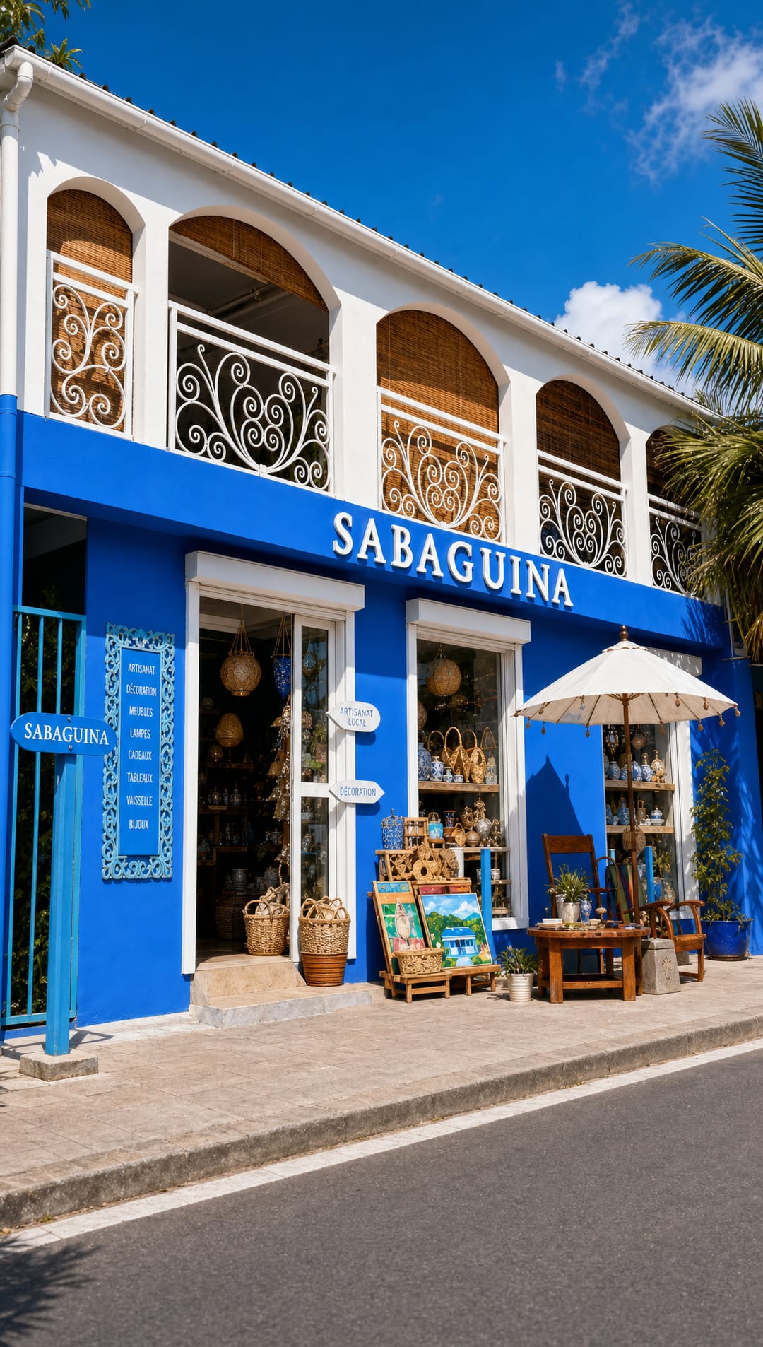La devanture bleue de la boutique Sabaguina, rue du Général Lambert à Saint-Leu : arcades blanches, ferronnerie, vitrines de vannerie et de céramique, parasol et fauteuils en bois sur le trottoir