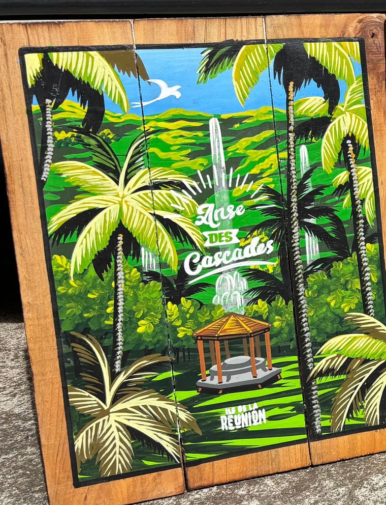 Petit Tablo peint à la main : le kiosque de l'Anse des Cascades sous les palmistes — Sabaguina, Saint-Leu