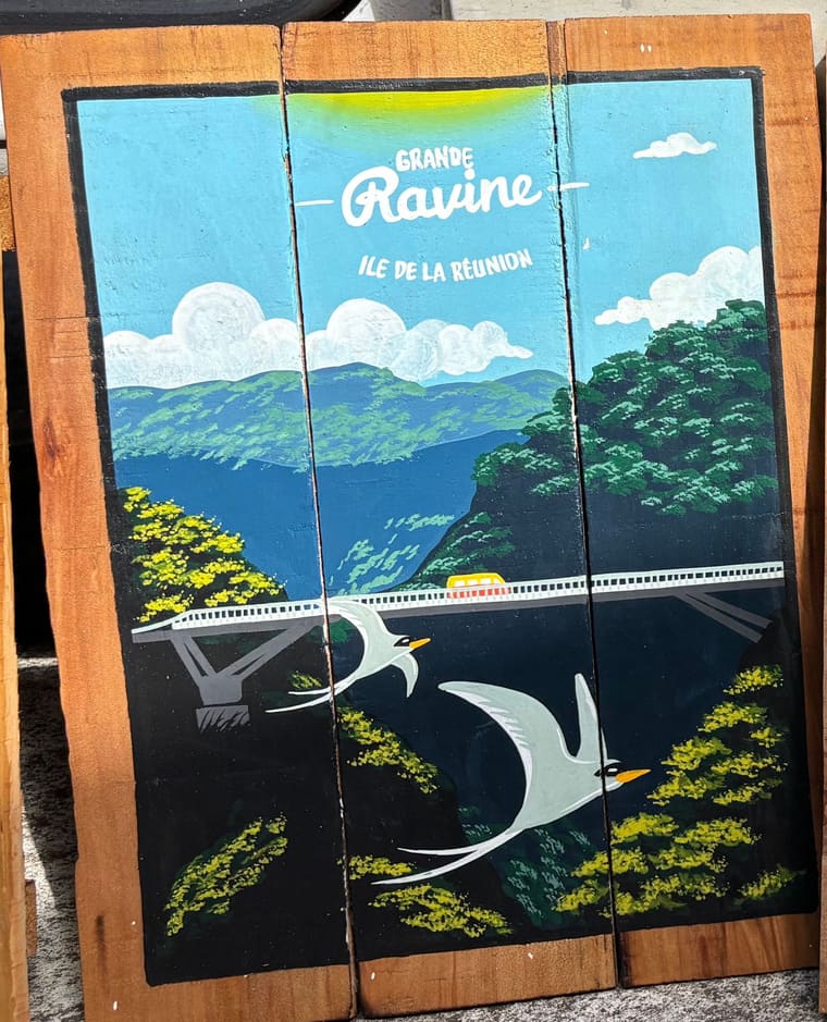 Petit Tablo peint à la main : le pont de la Grande Ravine et un paille-en-queue — Sabaguina, Saint-Leu