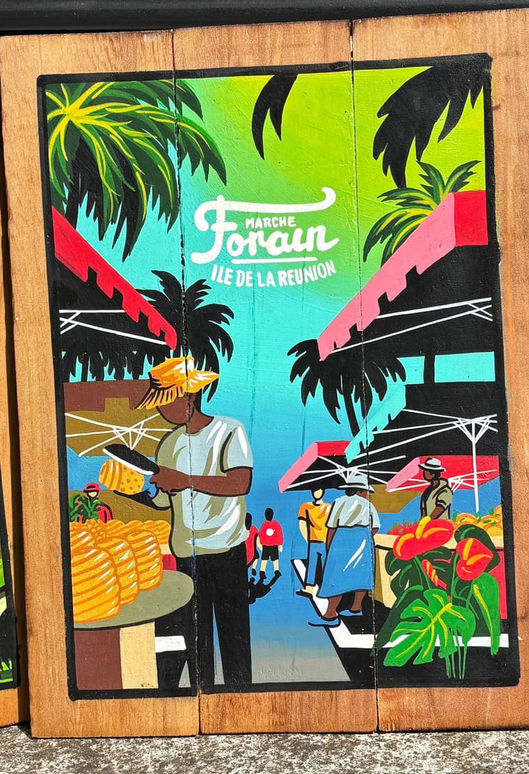 Petit Tablo peint à la main : l'étal de fruits du marché forain — Sabaguina, Saint-Leu
