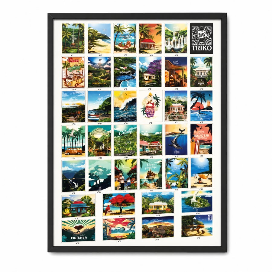 Poster encadré de la collection d’affiches TRIKO : plus de 30 paysages de La Réunion en grille — Sabaguina, Saint-Leu