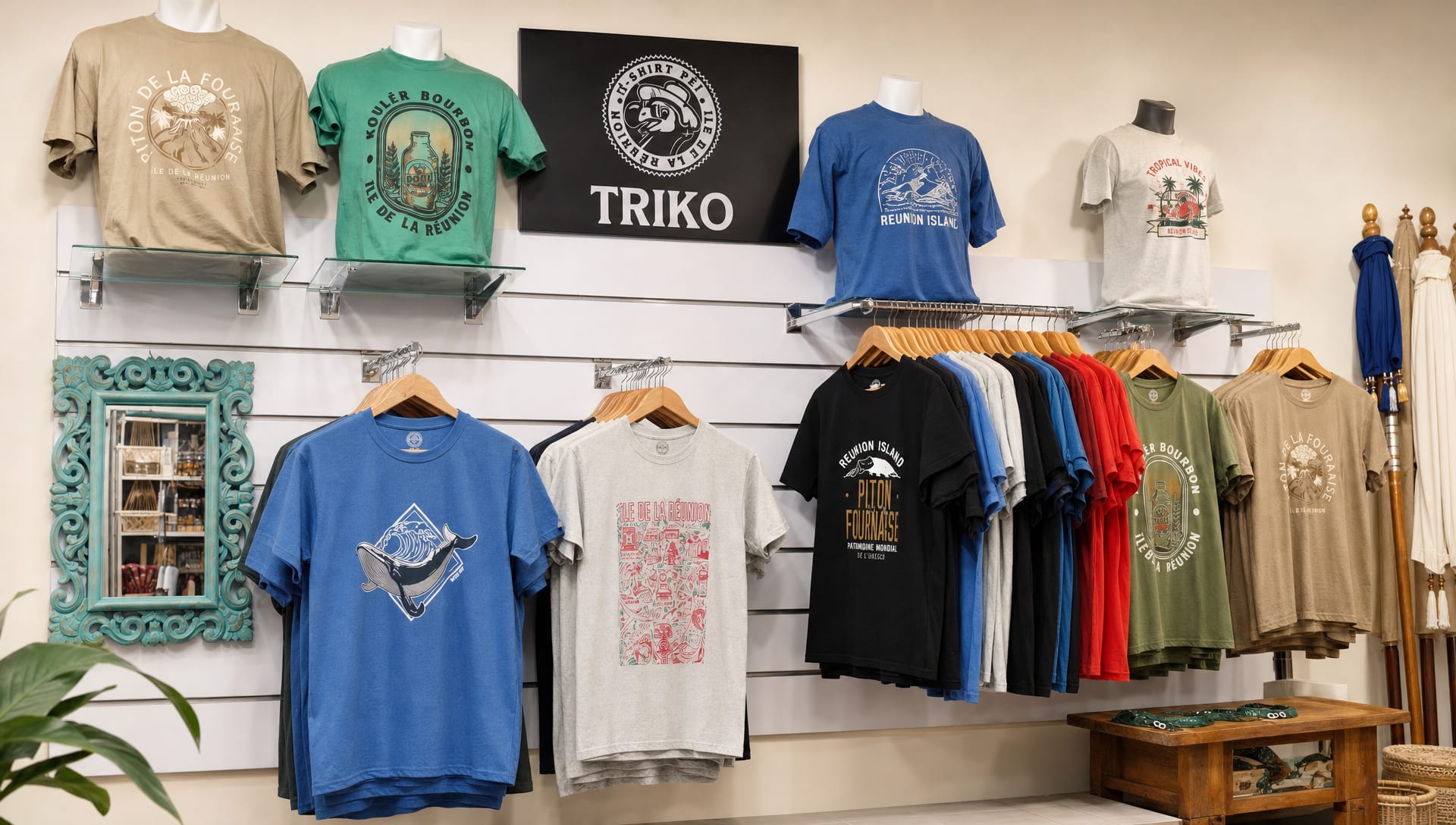 Le corner TRIKO dans la boutique Sabaguina à Saint-Leu : enseigne encadrée, tee-shirts La Réunion sur portants, miroir baroque et ombrelles