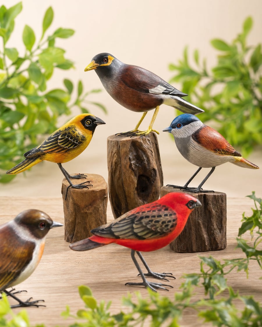 Oiseaux de La Réunion sculptés en bois et peints à la main — Sabaguina, Saint-Leu